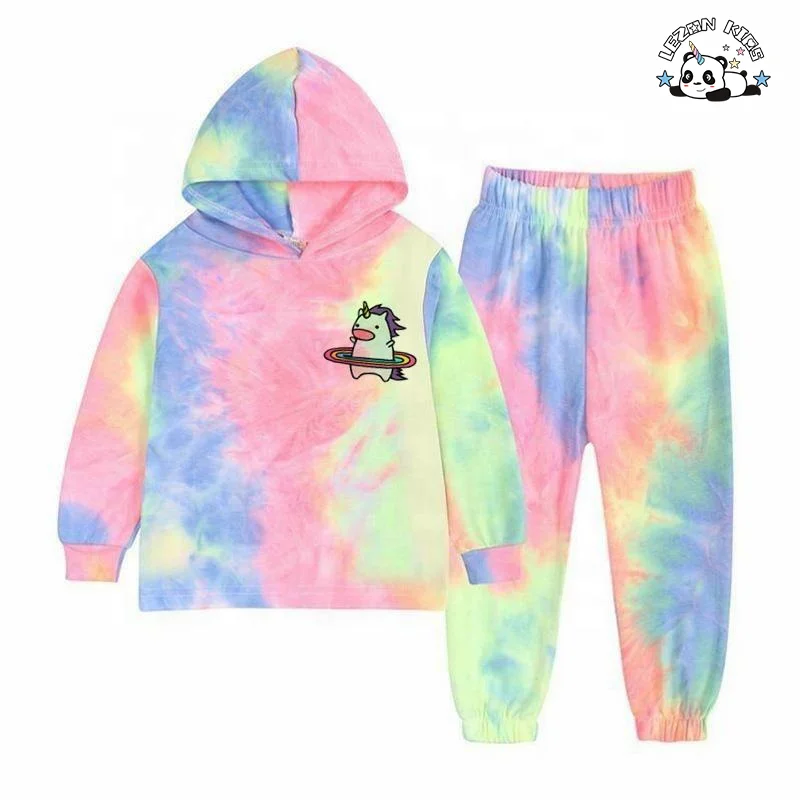 LEZONKIDS - Factory Custom Long Sleeves Hoodie and Pants Two Piece Set Kids Boys Girls Tie-dye Hooded Sweatsuit